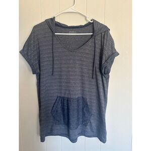 Eddie Bauer Women Heathered Blue Striped Short Sleeve Hoodie Pocket V Neck Large